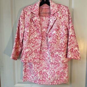 View Collection Textured Embroidered Pink 3 Button Blazer with Skirt Suit, 10